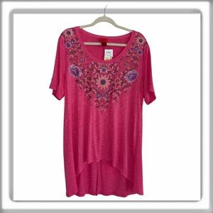 V Cristina Pink Short Sleeve Embroidered Tunic Top Tee Shirt Size XL NWT